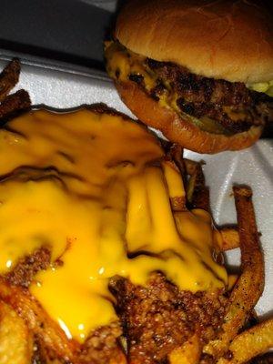 Double cheeseburger and chili cheese fries