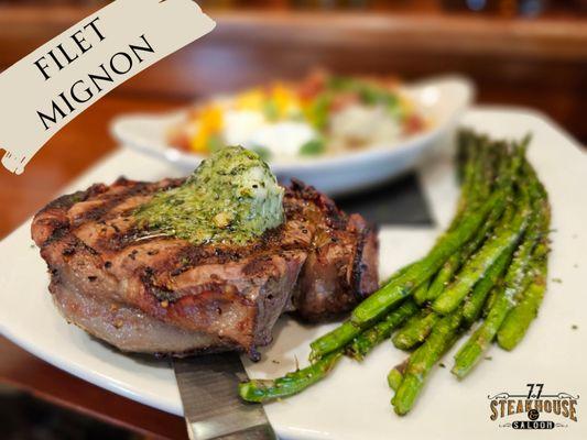 Filet Mignon - 10oz charbroiled, bacon wrapped & herb butter.