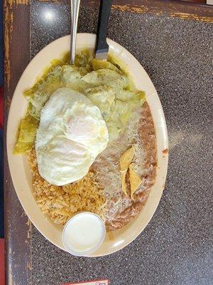 Chilaquiles verdes, rice and beans