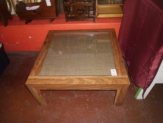 wodden coffee table wicker and glass top
