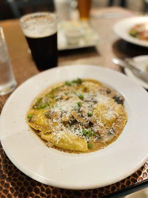 Porcini and Truffle Ravioli - 18.5 With a mushroom, demi-glace & cream sauce (add peas!)