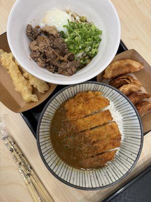 Beef Nikutama, Katsu Curry, Gyoza, Shrimp Tempura