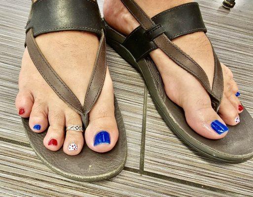 Step out in style with our patriotic pedicure! Show off your spirit with every step. Visit AiSpa & Nails. #PatrioticPedi