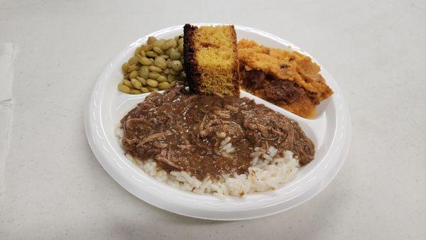 Plate Lunch: Beef Tips over rice (more like pot roast), Butter Beans, Sweet Potato Casserole & Cornbread