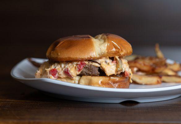 2nd Ave with beef, pimento cheese, and grilled onions