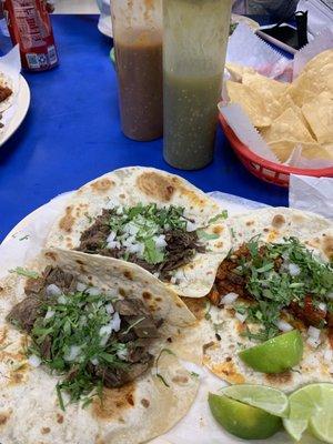 Beef tongue, barbacoa, and el pastor tacos on flour tortillas (around $3.50 each).