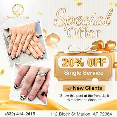 SPECIAL OFFER
20% OFF Single Service for New Clients
*Show this post at the front desk to receive the discount.
Come visit Lovely