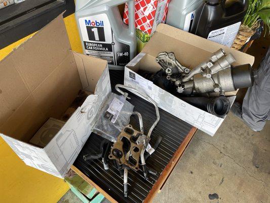 Old parts replaced by new genuine Mercedes parts.