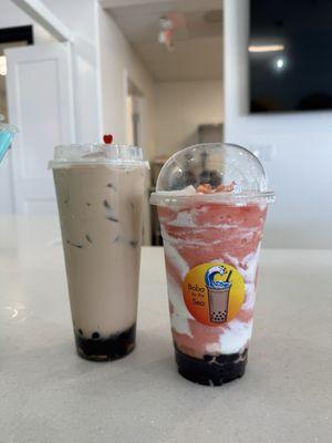 Regular milk tea & strawberry cheese foam blended drink with boba