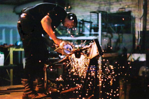 working on a custom motorcycle