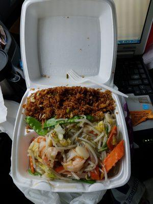 Great shrimp chop suey, fried rice, eggroll and can of pop, all for less than $7.00