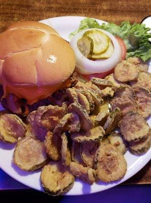 Fried Pickle Slices & the no. 25. Bair's Fried Egg, Bacon and Cheese Burger