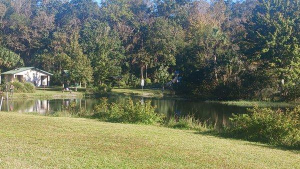 The bathrooms and the dog park is to the