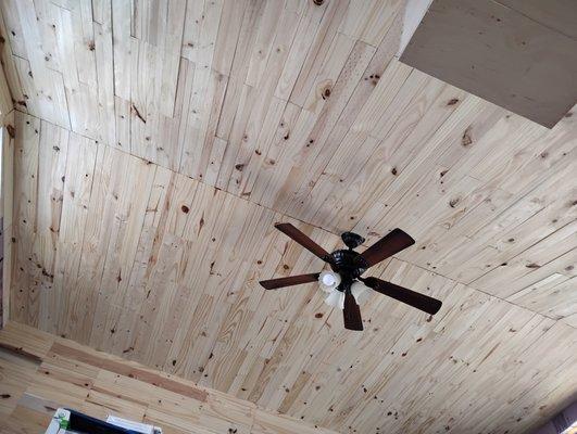 Vaulted ceiling reclaimed wood