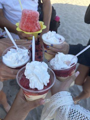 1 tigers blood shaved ice, 4 strawberry sundaes