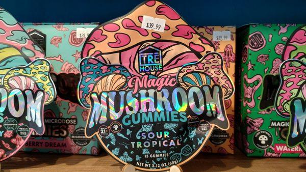 Trē House, Sour Tropical mushroom gummies. Made with all natural ingredients, providing a state of relaxation, euphoria, and more.