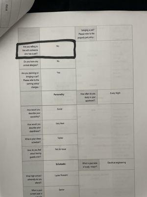 Picture of my rental application