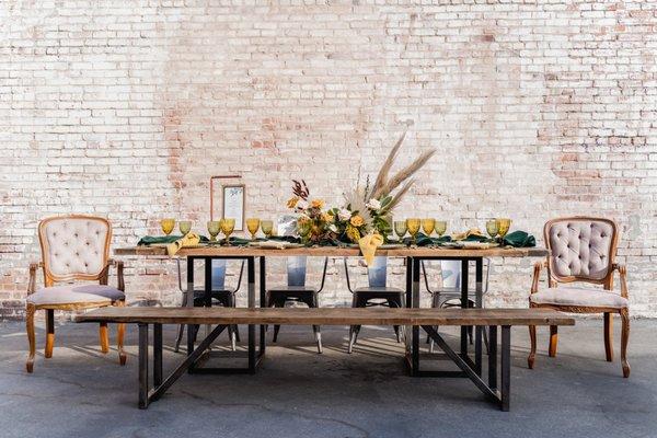 Southwest Collection: Urban Wood Dining Table, Urban Wood Bench, Metal Chairs + Couture End Cap Chairs in Khaki