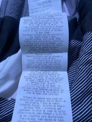 The receipt I got before I traded the game back for a different one.