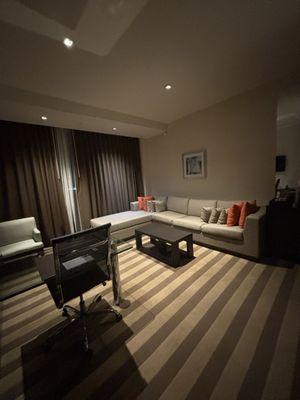 Living room area with a desk, a lot of shelving, mini bar and coffee maker