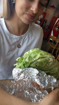 Bunless double cheeseburger. Nicely done on the lettuce wrap!