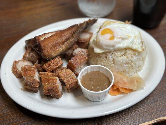 Lechon kawali silog combo (with bangus; 9/10): crispy lechon, crispy bangus, good portion of garlic fried rice (but needs more garlic)