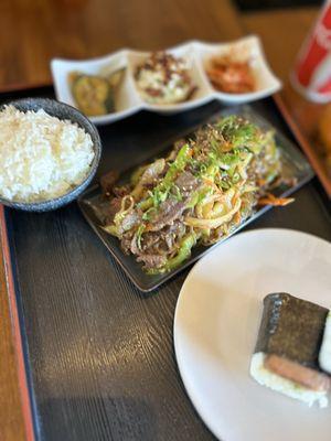 Bulgogi Japchae plate, Spam Musubi