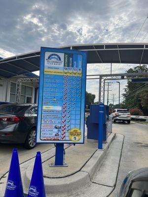 Current 2023 prices, as well as what is included for each tier of wash.