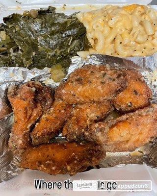 Parmesan chicken, wings, collard greens with smoked turkey and delicious mac & cheese