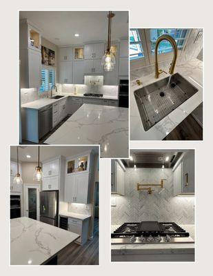 Bright, modern kitchen: quartz counters, waterfall island, farmhouse sink, and a pro-style cooktop with pot filler.