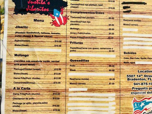 Current menu, call for more details!