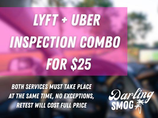 Lyft + Uber inspection combo $25. Lyft may accept Uber forms, please verify with your app before visiting.