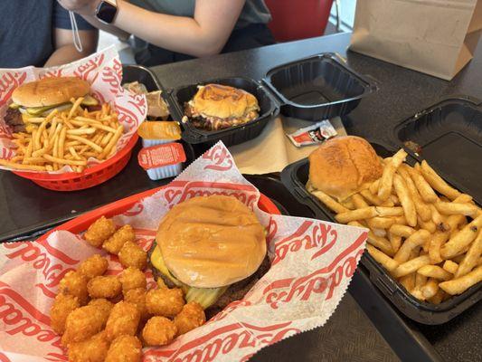 The two on the left are from Freddy's! Freddy's Original Double Combo Shoe string fries Tater tots