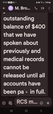 Refusal to release medical records via text from owner