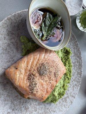 Salmon, pea puree