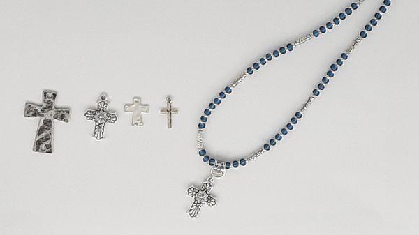 We design custom cross necklaces. You choose the glass bead color from pink to black (12 choices) and 7 cross choices.