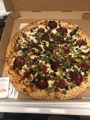 Large Combination: pepperoni, sausage, mushroom, bell pepper, onions.