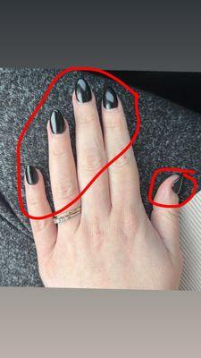 not the same shape. not painted well. acrylic on cuticles that will NOT come off.