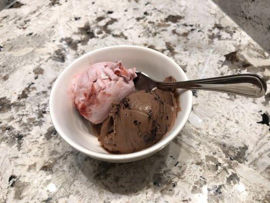 My two yummy scoops of strawberry and double chocolate gelato.