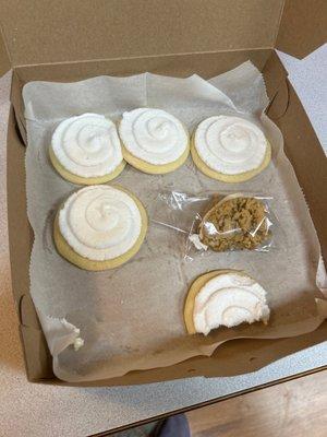 Oatmeal cream pie and iced sugar cookies.