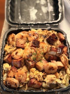 Shrimp yakisoba topped with pork belly