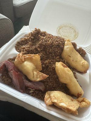 Boneless spareribs, chicken fingers, crab Rangoon, and pork fried rice. I had eaten about half of each appetizer before taking the picture.
