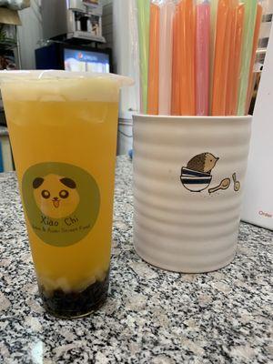 Mango green tea with lychee and boba
