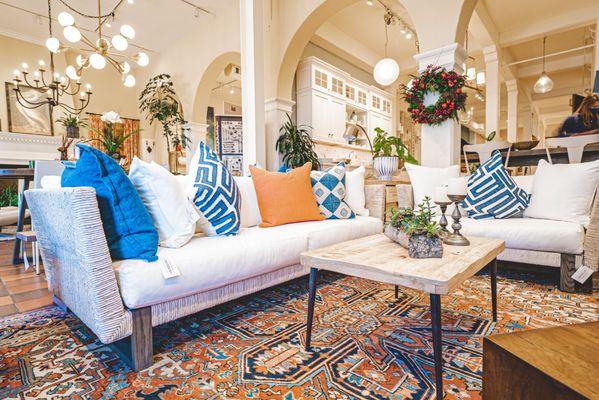 Couches, rugs, pillows and decor