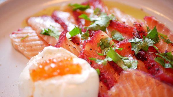 cured smoked salmon with burrata and ikura