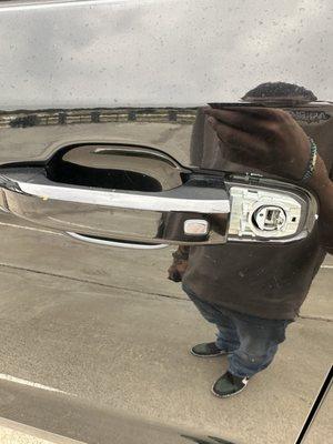 Broke door handle and lock to attempt stealing the truck