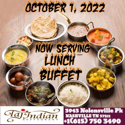 Hello Nashville !!! OUR LUNCH BUFFET IS BACK!!
Come and enjoy our delicious Indian cuisine starting on October 1st at 11am-2:30 PM