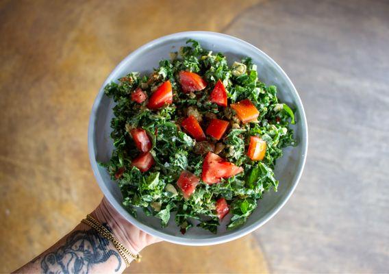 Tossed Kale salad, goat cheese, golden raisins, toasted spiced almonds, tomatoes, house honey mustard dressing.