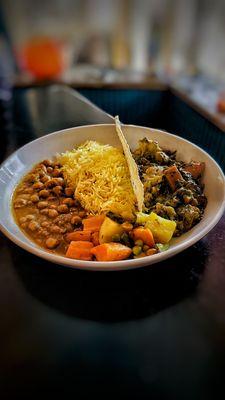 Basmathi Lemon Rice, Saag, Chickpeas, and Vegetables