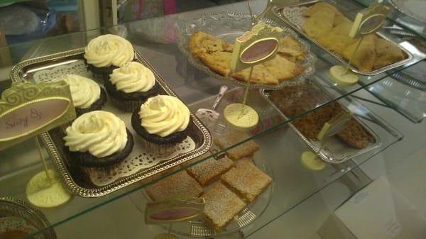 Scones, Macarons, Cupcakes, Tarts, and brownies.